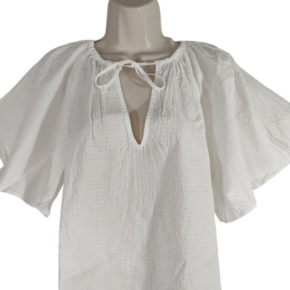 A New Day White Top Women Size M Keyhole Tie Neckline Wide Sleeve Textured NEW - Picture 2 of 8